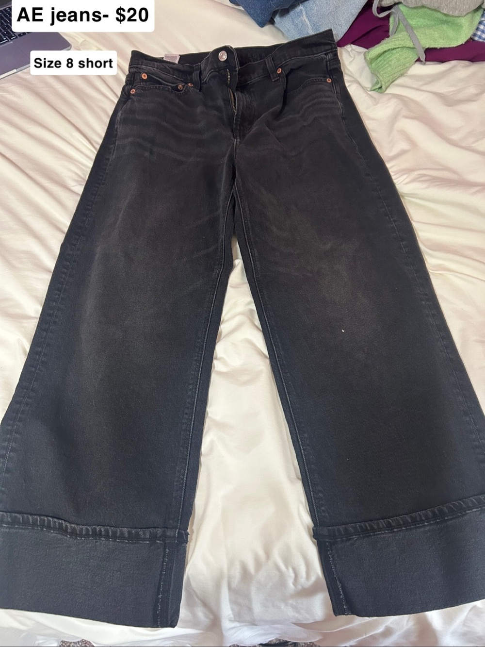 American Eagle Outfitters Black Wide-Leg Cuffed Jeans